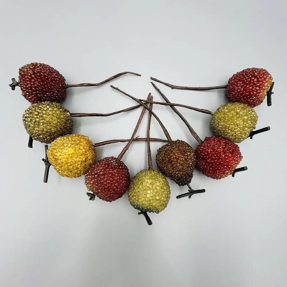 9 Vtg Glass Sugared Beaded Fruit Floral Picks Xmas Ornaments Apples Pear Jeweled